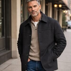 Ibiza Black Wool Cashmere Overcoat Button Men's Mid-Length Size 38